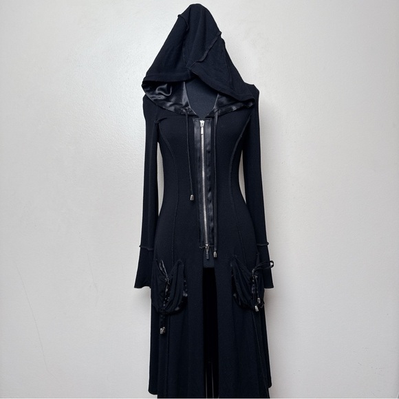 Joseph Ribkoff Womens 4 Vintage Goth Hooded Zip Pocket Long Dress Jacket - Picture 1 of 14